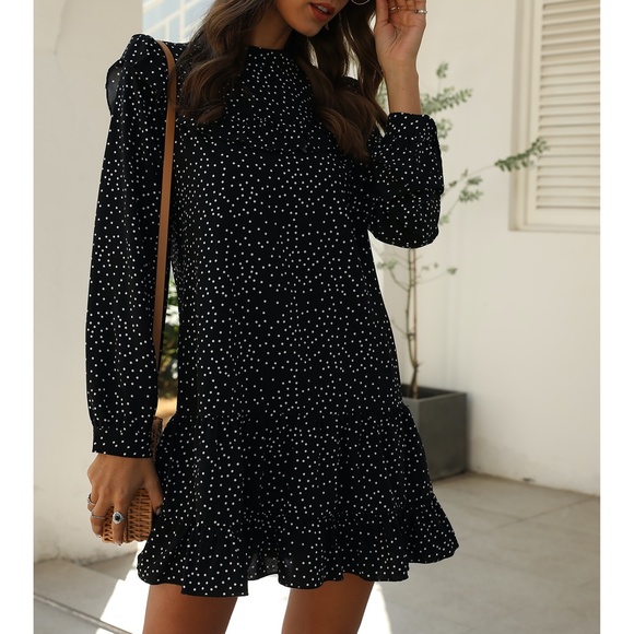 Black Polka Dot Ruffle Hem Shift Dress - Picture 6 of 14